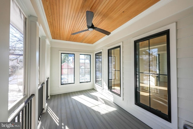 unfurnished sunroom featuring wooden ceiling and a wealth of natural light