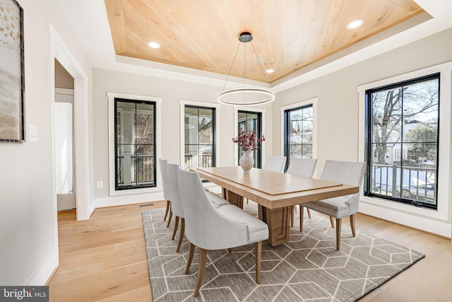 dining room with a tray ceiling, wooden ceiling, and light wood-type flooring