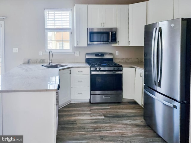 kitchen with sink, dark hardwood / wood-style flooring, light stone counters, white cabinetry, and stainless steel appliances