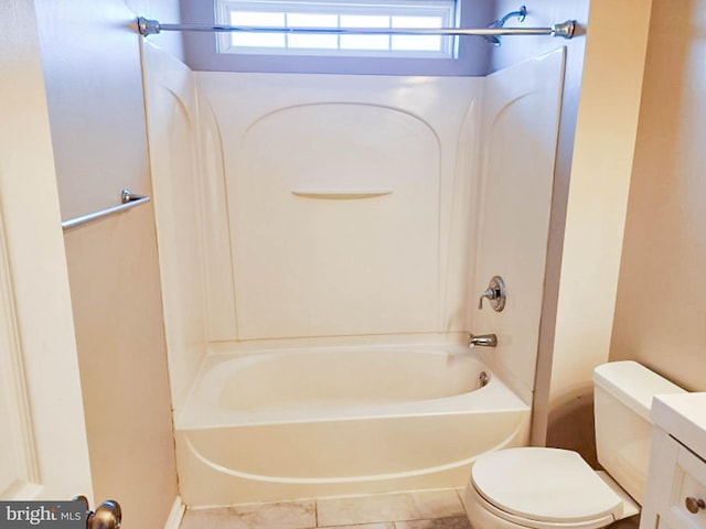 full bathroom featuring shower / bathing tub combination, vanity, toilet, and tile patterned floors