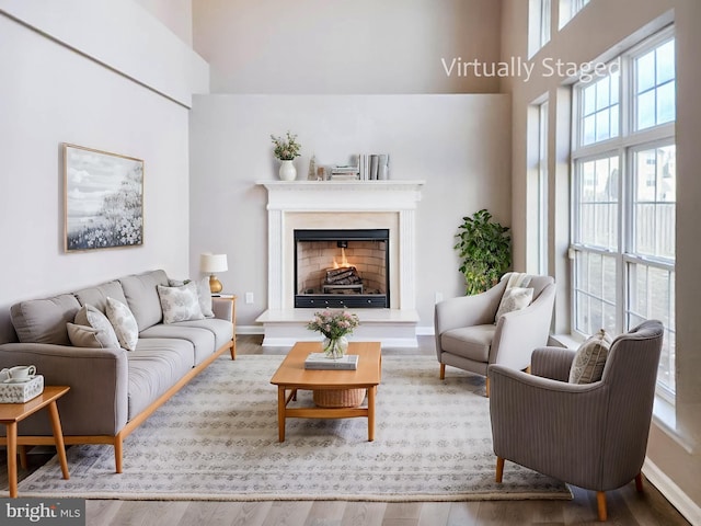 living room with hardwood / wood-style floors and a high ceiling