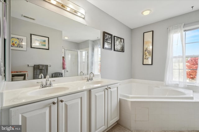 bathroom with separate shower and tub and vanity