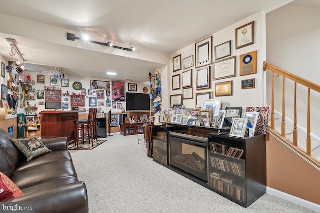 office with light carpet and indoor bar