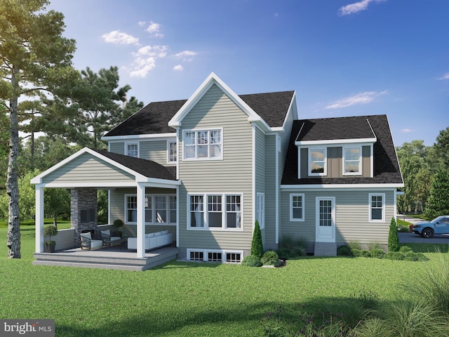 back of house with a wooden deck, a lawn, and roof with shingles