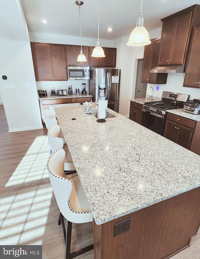 kitchen featuring appliances with stainless steel finishes, a kitchen island with sink, sink, pendant lighting, and light hardwood / wood-style floors