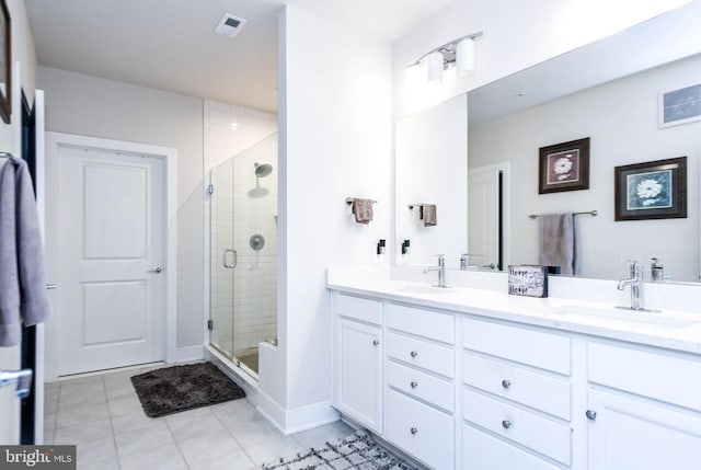 bathroom with tile patterned flooring, vanity, and a shower with shower door