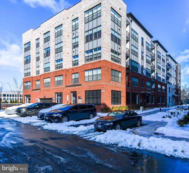 view of snow covered building