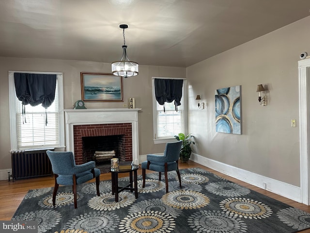 living area featuring a fireplace, wood-type flooring, and radiator