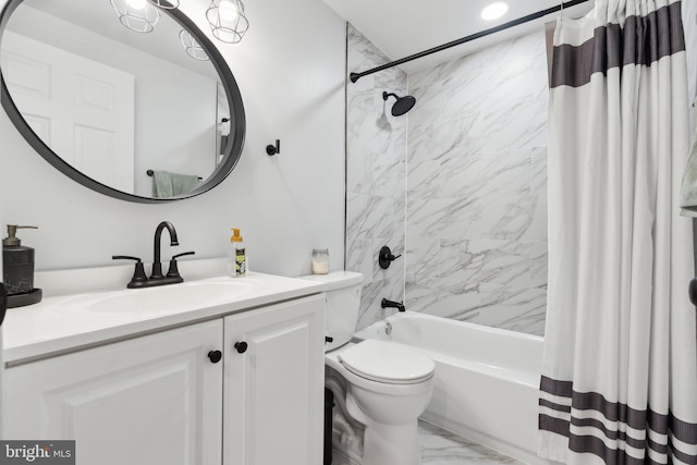 full bathroom with toilet, shower / tub combo, and vanity