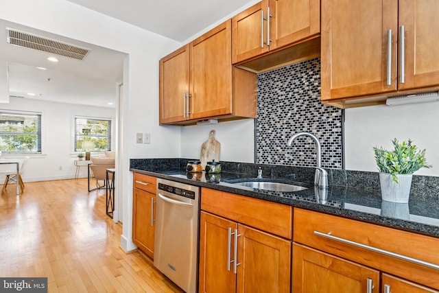 kitchen with backsplash, sink, dark stone counters, and light wood-type flooring