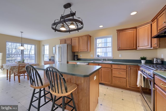 kitchen featuring high end appliances, a healthy amount of sunlight, a center island, pendant lighting, and sink