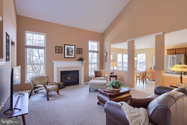 carpeted living room featuring high vaulted ceiling