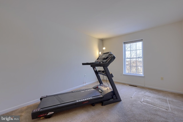 exercise room featuring light carpet