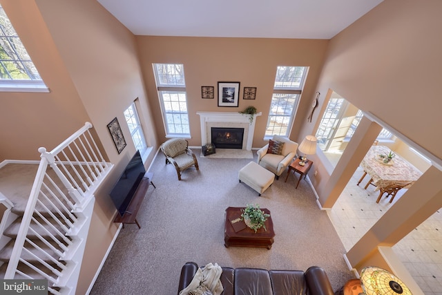 living room featuring a towering ceiling