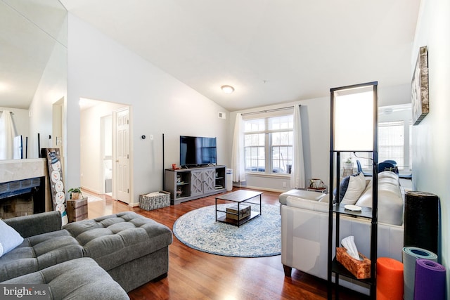 living room featuring a fireplace, hardwood / wood-style floors, and vaulted ceiling