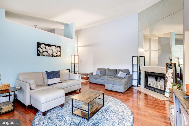 living room with hardwood / wood-style floors and vaulted ceiling