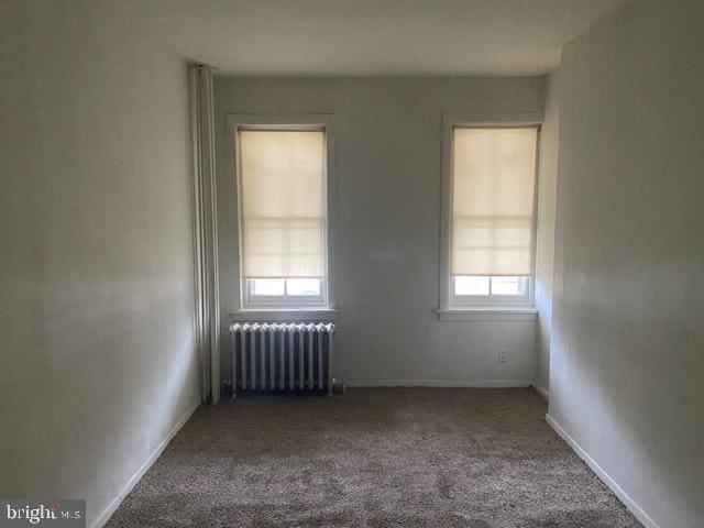 carpeted empty room featuring radiator and plenty of natural light