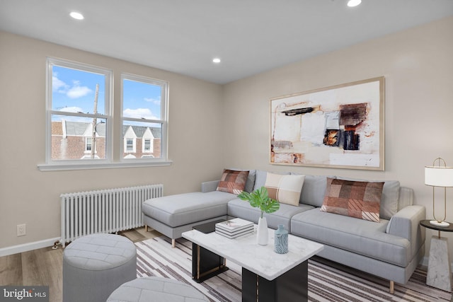 living room featuring radiator and light hardwood / wood-style flooring