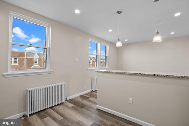 interior space with radiator heating unit, plenty of natural light, and wood-type flooring