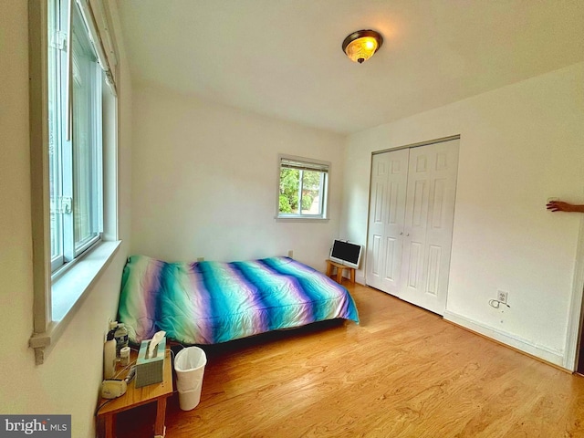 bedroom featuring hardwood / wood-style floors and a closet