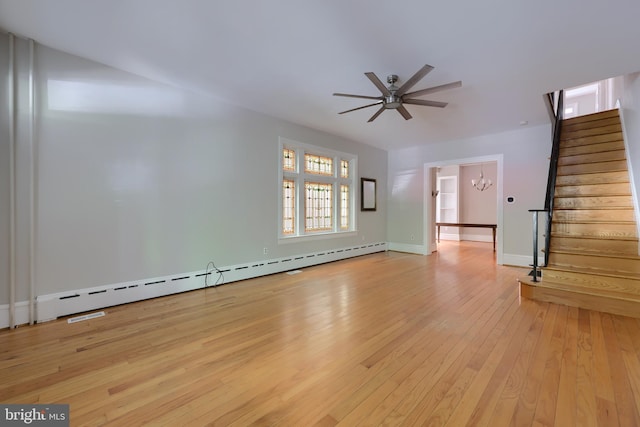 unfurnished living room with light hardwood / wood-style floors, baseboard heating, and ceiling fan