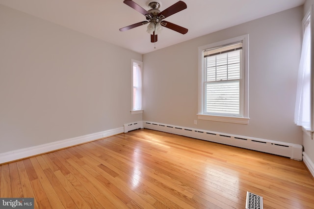 spare room featuring light hardwood / wood-style floors, baseboard heating, and ceiling fan