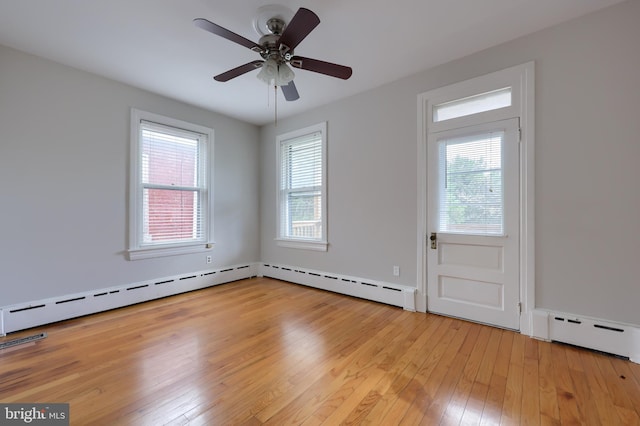 interior space with ceiling fan, light wood-type flooring, and a baseboard radiator