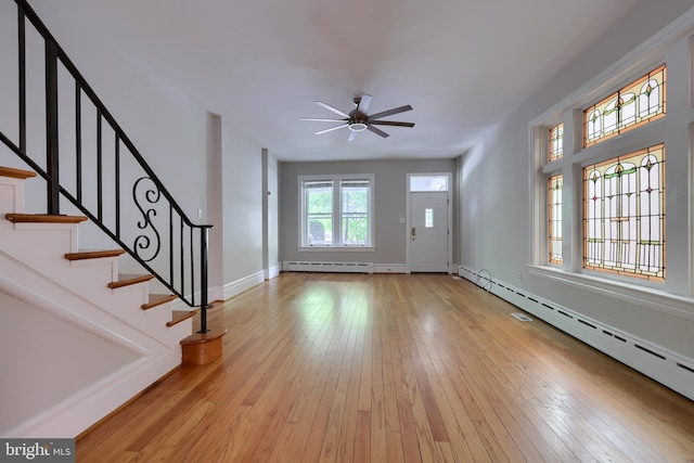 entrance foyer featuring ceiling fan, light hardwood / wood-style flooring, and a baseboard radiator