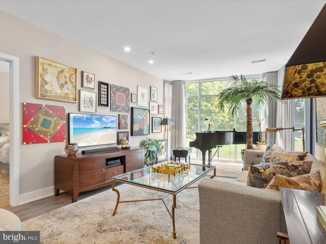 living room with hardwood / wood-style floors and floor to ceiling windows