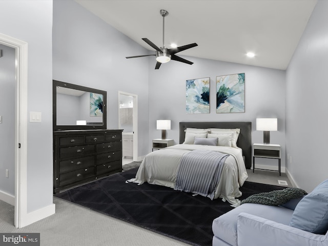 bedroom with high vaulted ceiling, connected bathroom, ceiling fan, and light colored carpet