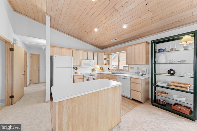 kitchen featuring light carpet, light brown cabinets, white appliances, and wood ceiling