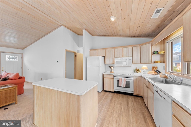 kitchen featuring light brown cabinets, white appliances, wood ceiling, and sink