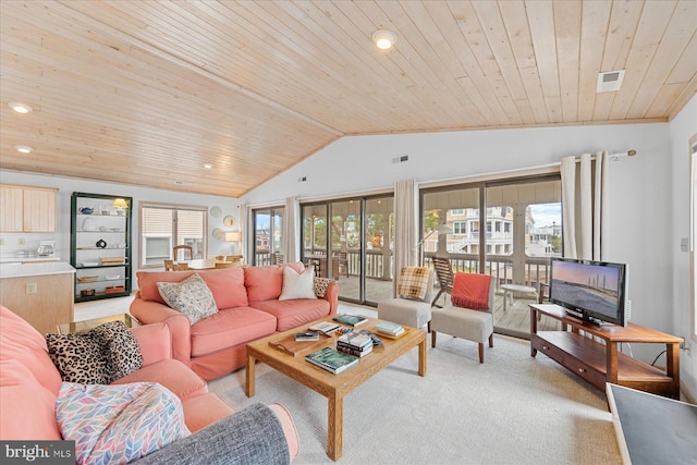 carpeted living room featuring a wealth of natural light, wood ceiling, and lofted ceiling