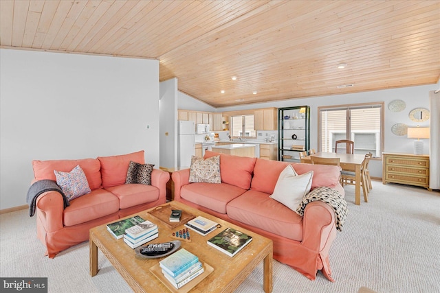 living room featuring light carpet, wooden ceiling, and lofted ceiling