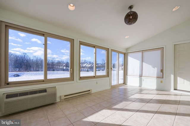 unfurnished sunroom with a baseboard radiator, a wall unit AC, and lofted ceiling