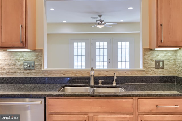 kitchen with dishwasher, ceiling fan, sink, and tasteful backsplash