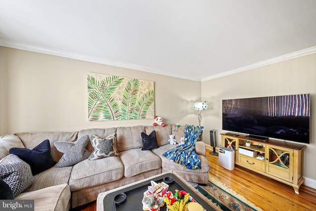 living room with ornamental molding and wood-type flooring