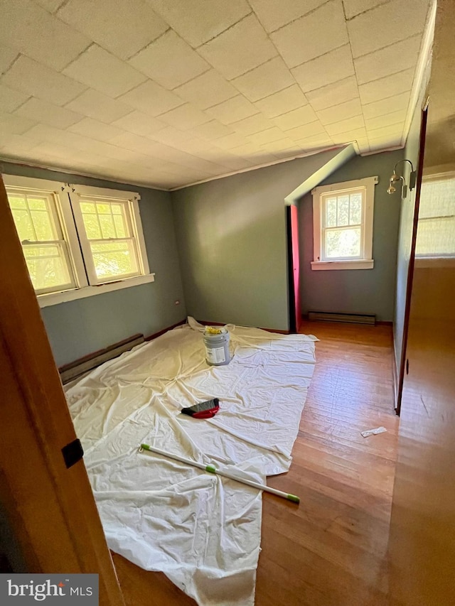 bedroom featuring light hardwood / wood-style floors, baseboard heating, and multiple windows