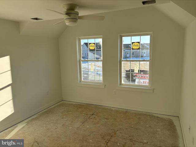 additional living space with vaulted ceiling and ceiling fan