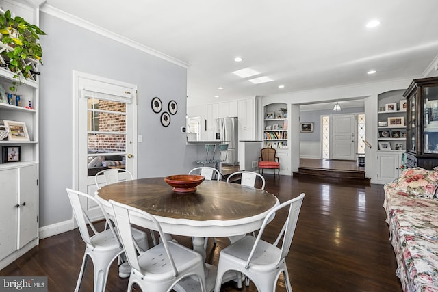 dining room featuring built in features and dark wood-type flooring