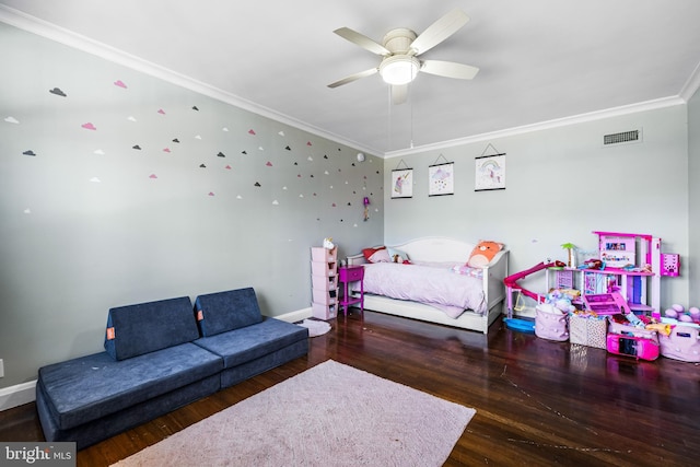 bedroom featuring ornamental molding, ceiling fan, and dark wood-type flooring