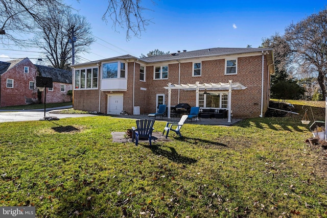 back of property with a lawn and a pergola