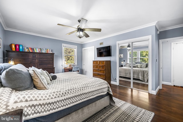 bedroom with ceiling fan, dark hardwood / wood-style floors, and ornamental molding