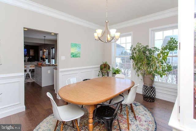 dining area featuring a notable chandelier, crown molding, and dark wood-type flooring