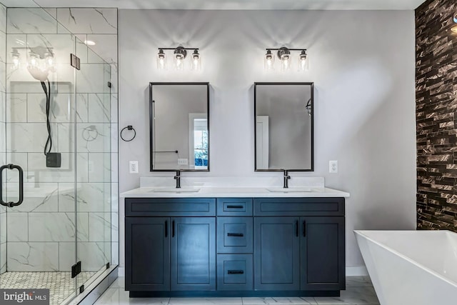 bathroom featuring brick wall, shower with separate bathtub, and vanity