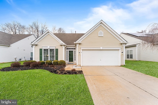 single story home with a front yard and a garage