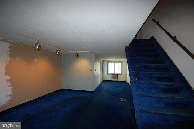 basement with a wall unit AC and carpet floors