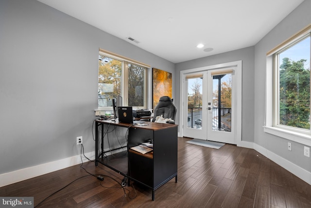 office space with dark hardwood / wood-style flooring and french doors