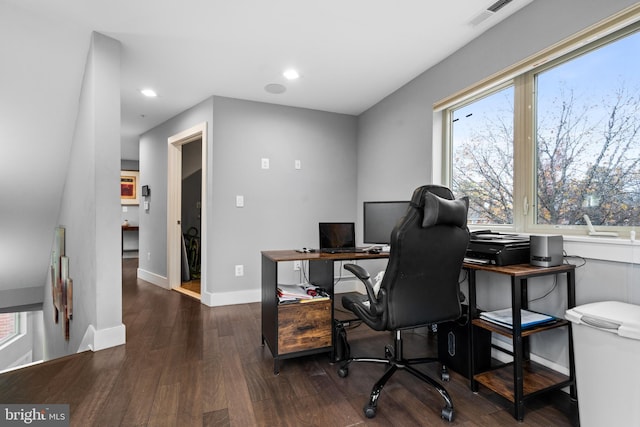 office space featuring dark wood-type flooring