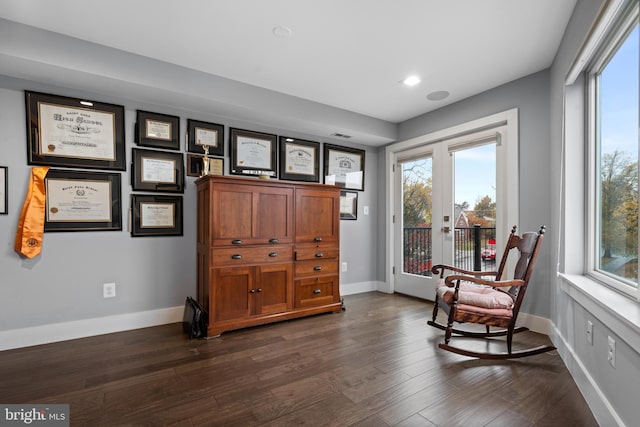 living area with dark hardwood / wood-style flooring and french doors